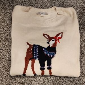 LOFT Cream Sweater with Festive Deer Motif